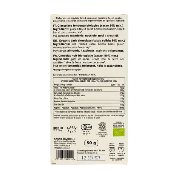 Bio Zartbitterschokolade 80% Pur 50g - Roher Kakao