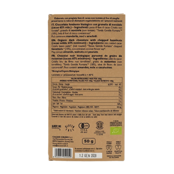 Cioccolato Fondente Bio 65% Granella di Nocciole 50g - Cacao Crudo