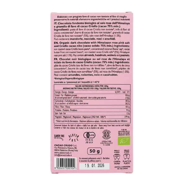 Bio Zartbitterschokolade 75% mit Himalaya-Rosensalz 50g - Rohkakao